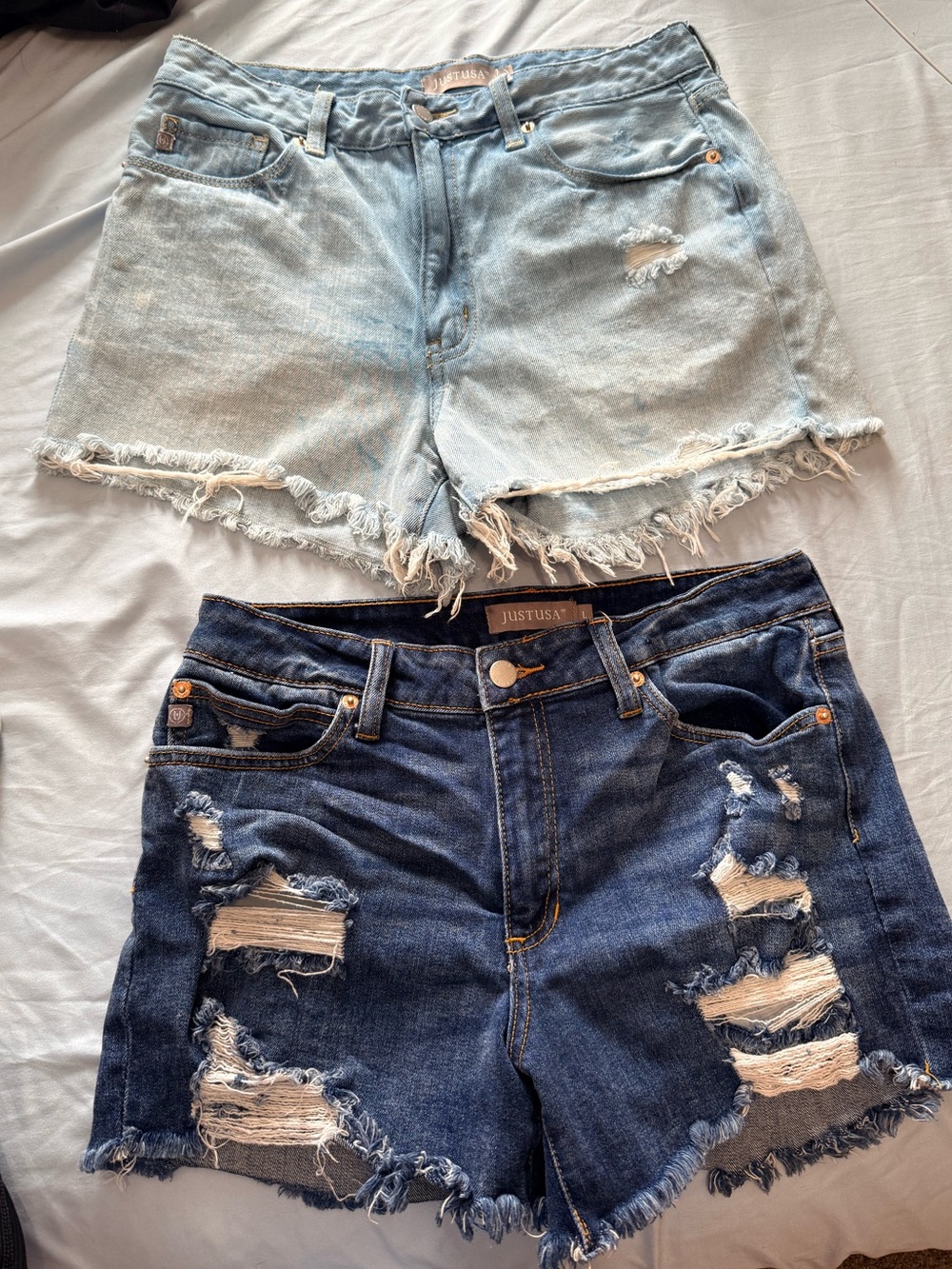 Just USA Women's Light Blue and Dark Blue Distressed Denim Shorts Set